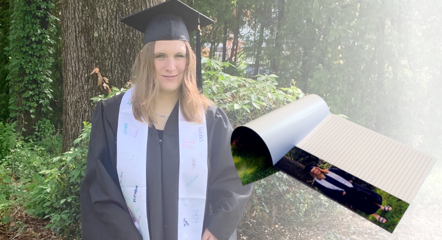 woman in graduation outfit and notepad on right side