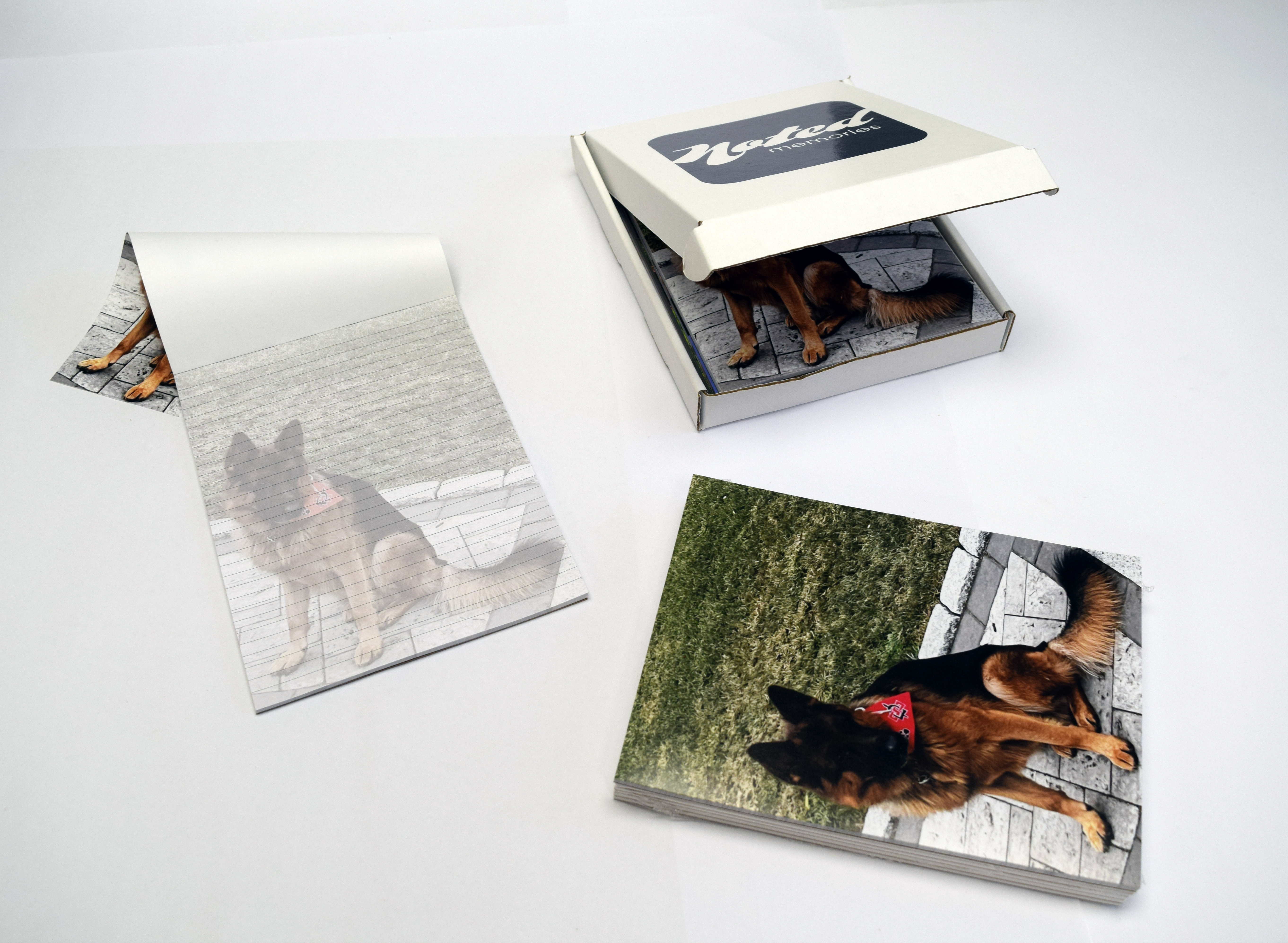 notepad with image of german shepherd in three different positions